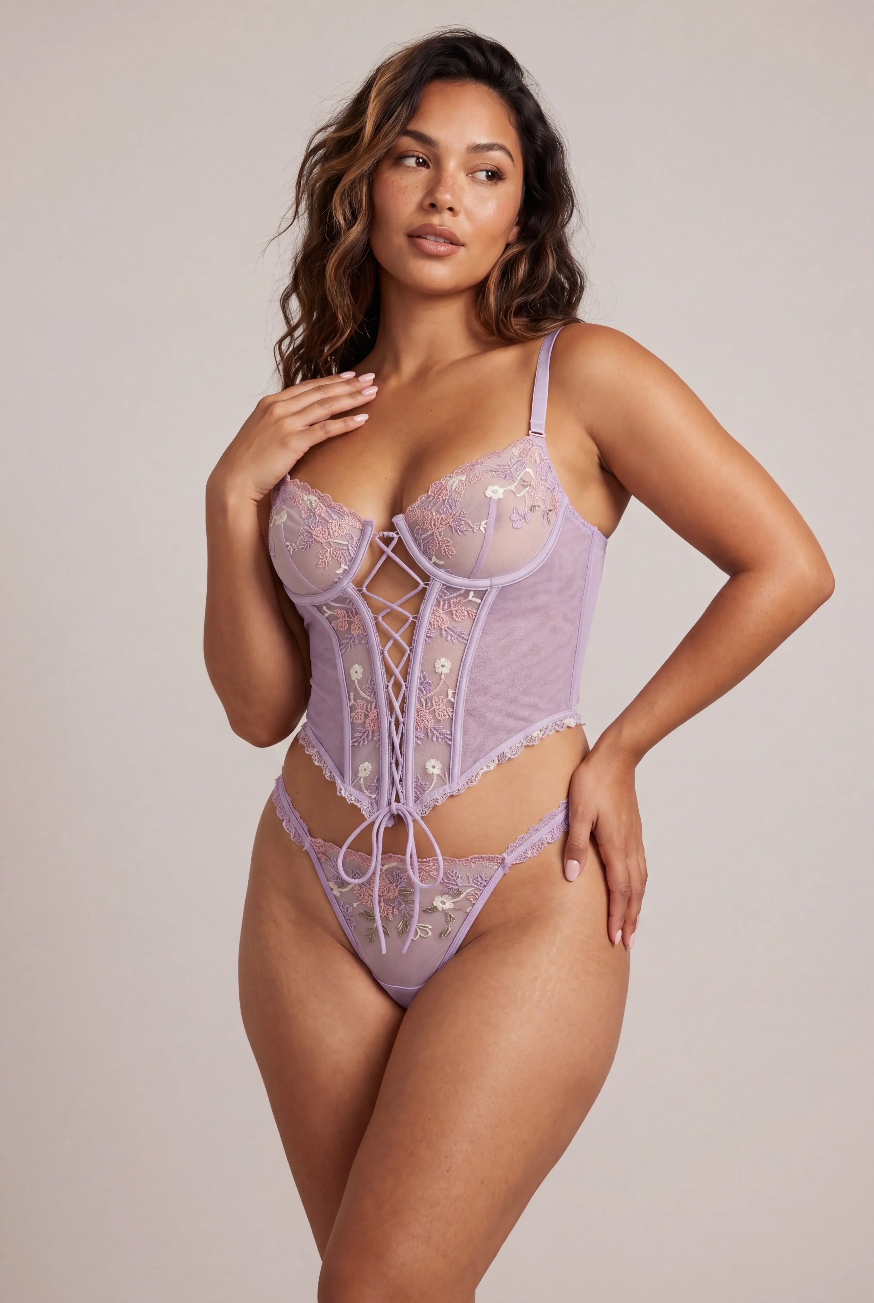 Ensemble Deux Pi Ces Corset Armatures String Assorti Lilas
